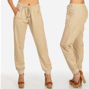 Women's Linen Drawstring Pants With Zipper Pockets